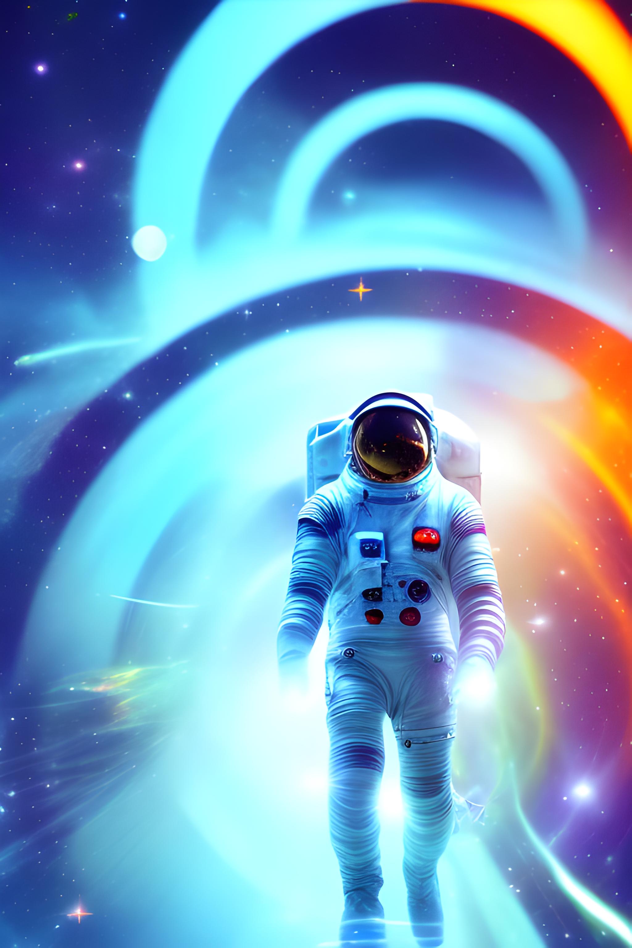 Spaceman landing in the universe with prismal light, with cool effects of  the space and the universe, very futuristic and full hd, scifi, extremely  detail, rainbow color too